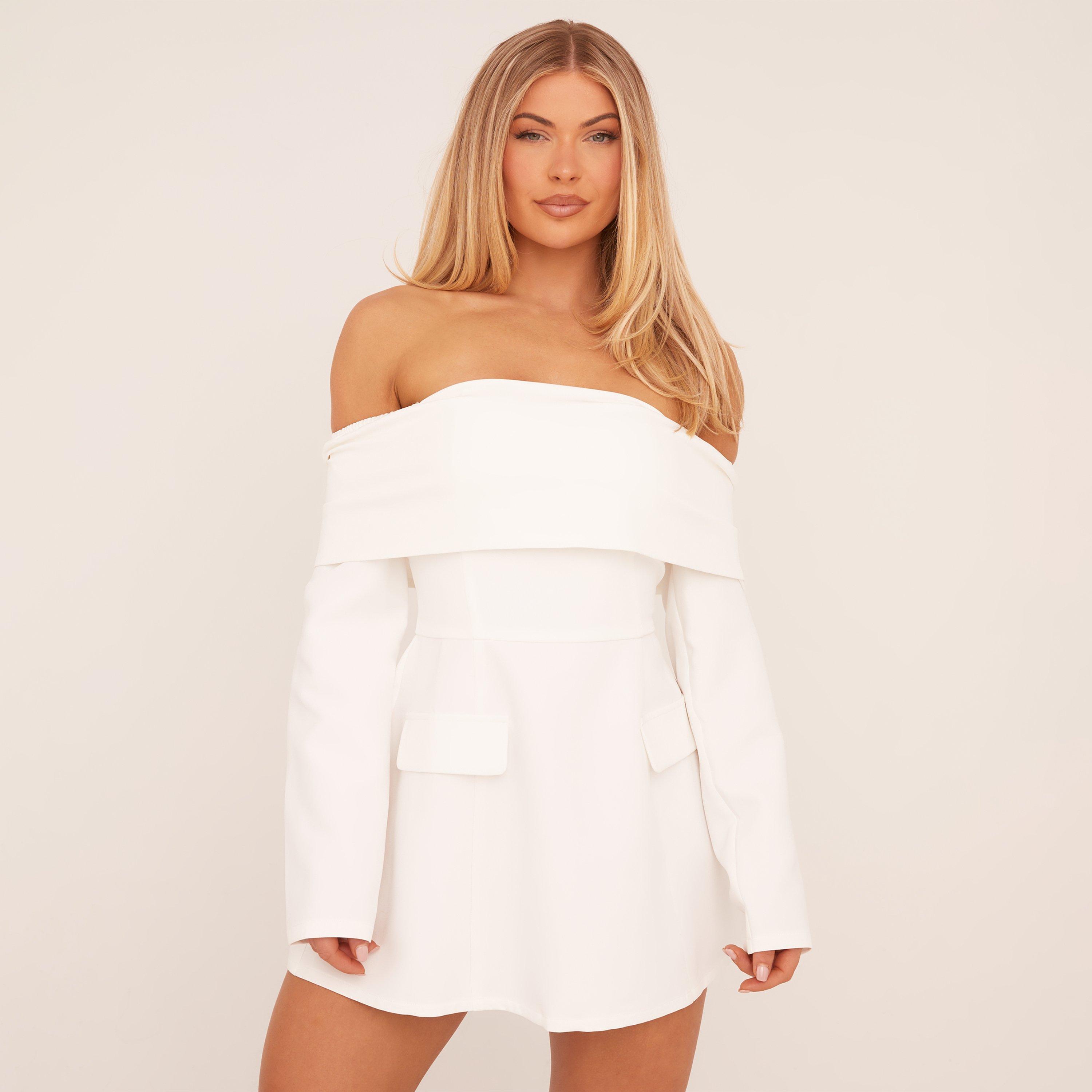 Fold Over Bardot Tailored Mini Dress In White, Women's Size UK 6