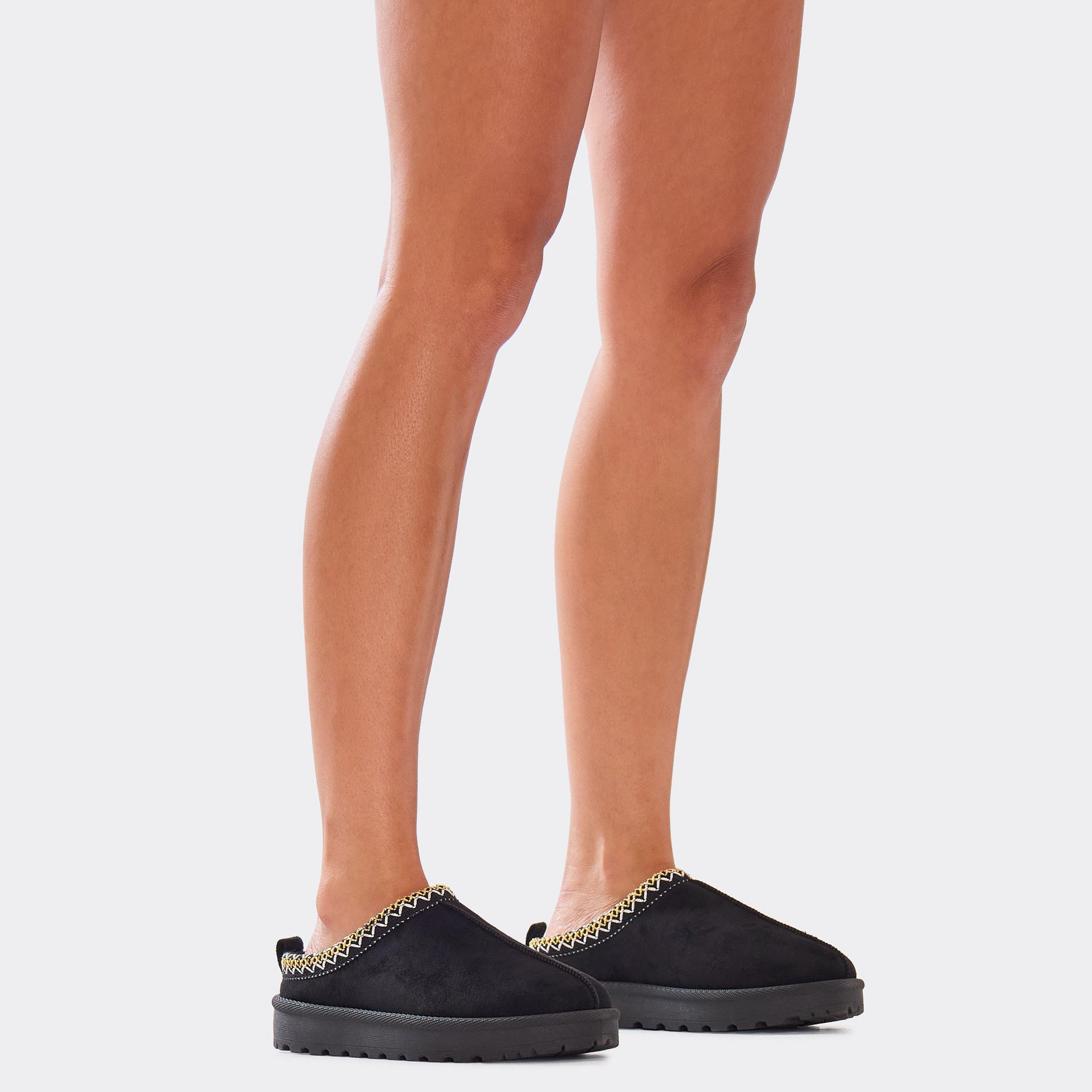 Catch-Up White Aztec Detail Faux Fur Lining Flat Slipper In Black Faux Suede, Women’s