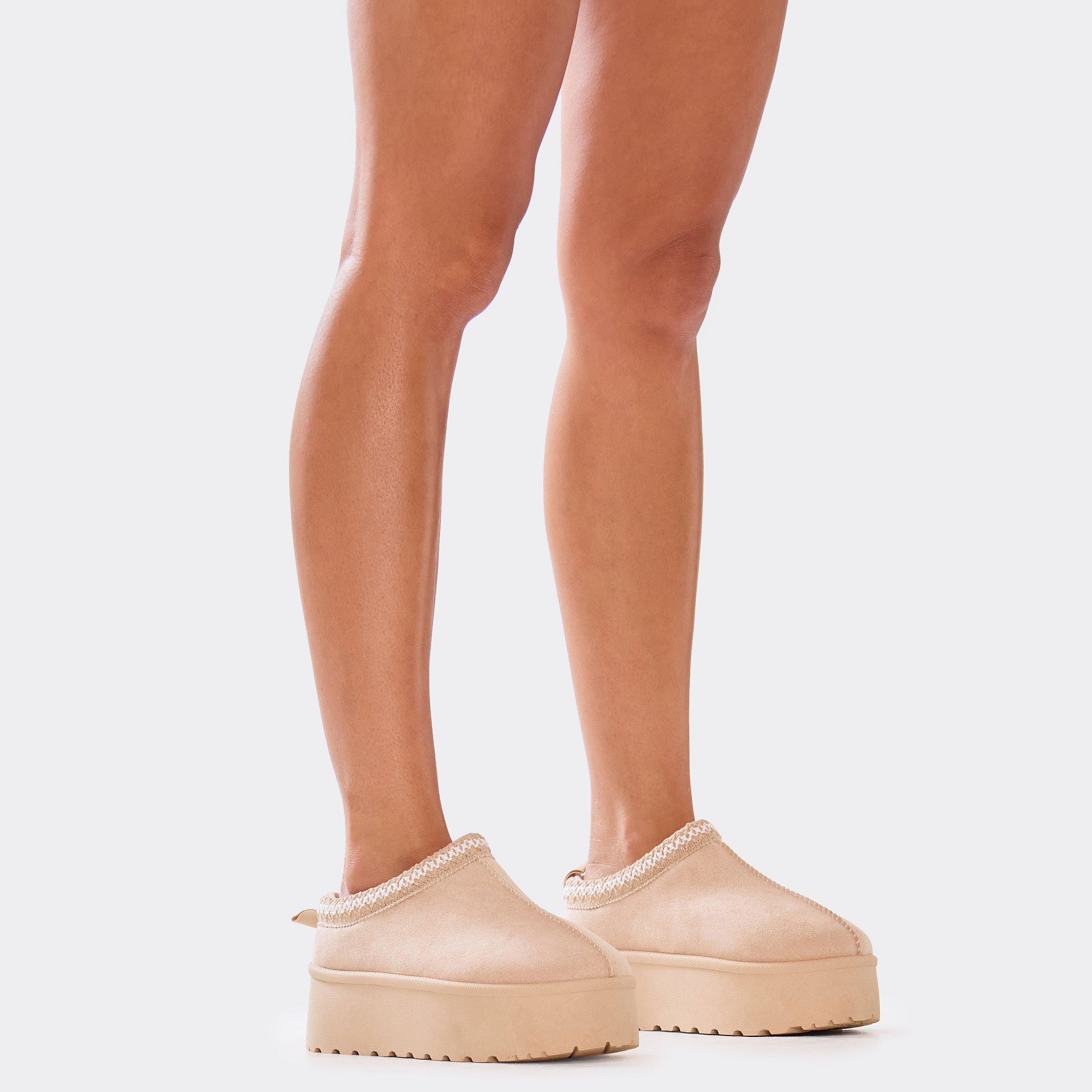 Tazmin Aztec Detail Faux Fur Lining Platform Slipper In Sand Faux Suede, Women’s