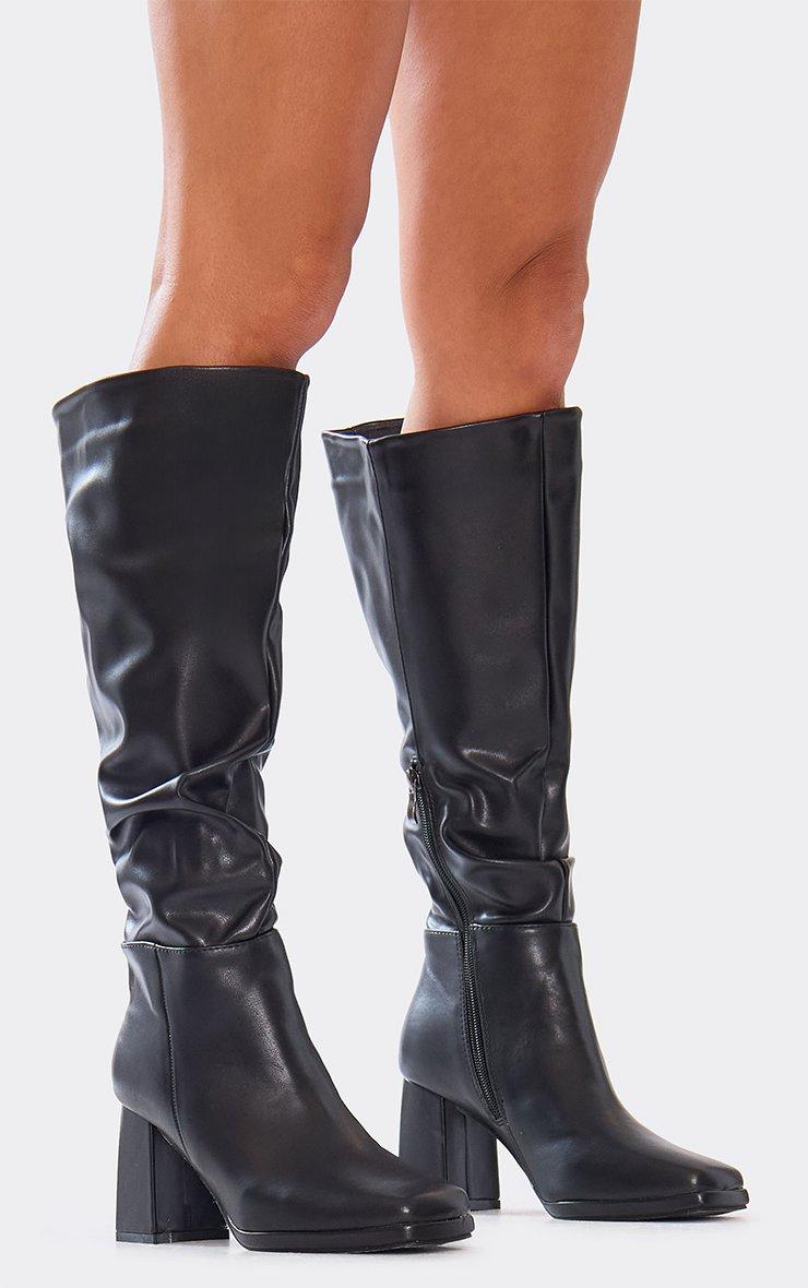 Leila Layered Knit Detail Square Toe Platform Block Heel Calf Boot