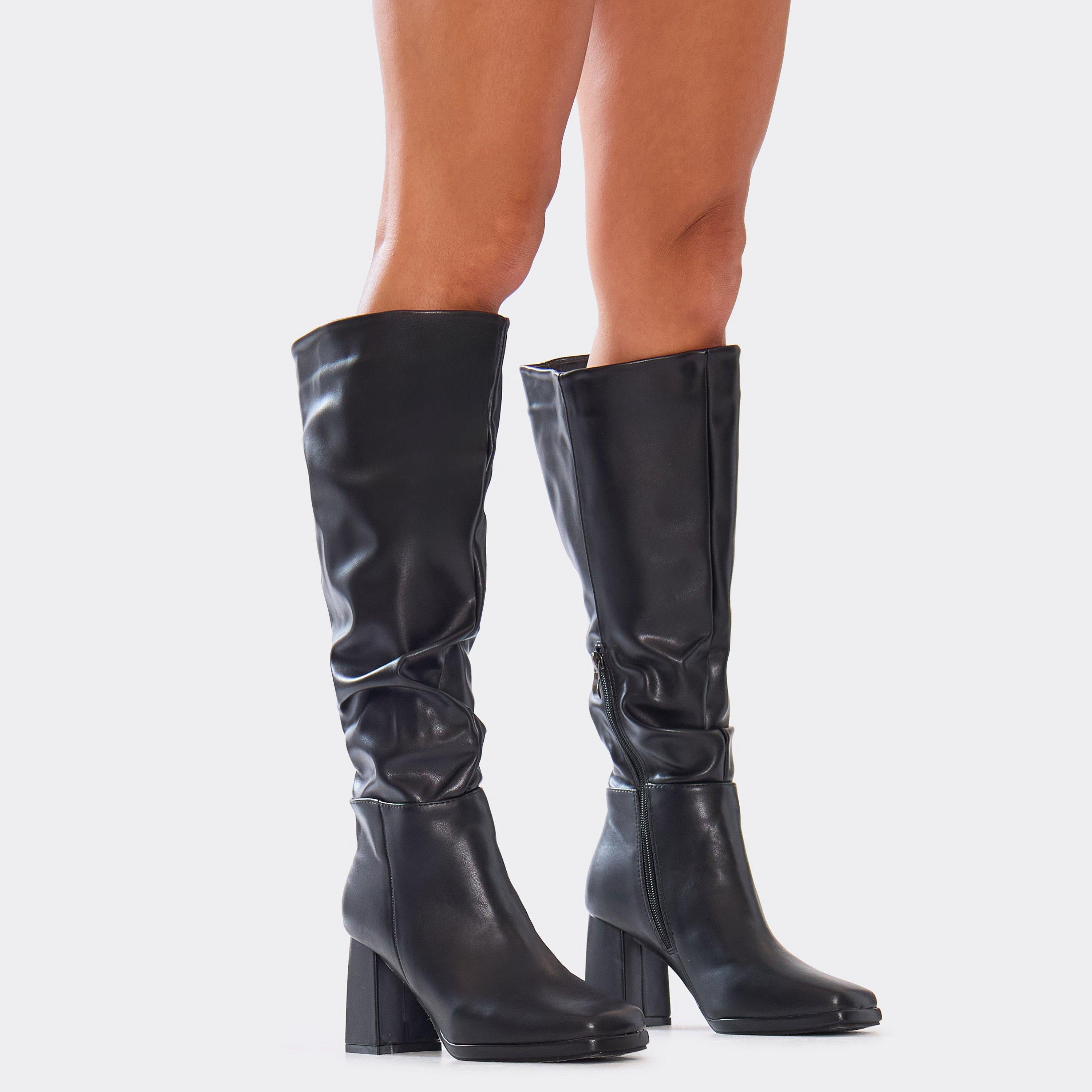 Washington Square Toe Block Heel Knee High Long Boot In Black Faux Leather, Women's Size UK 7