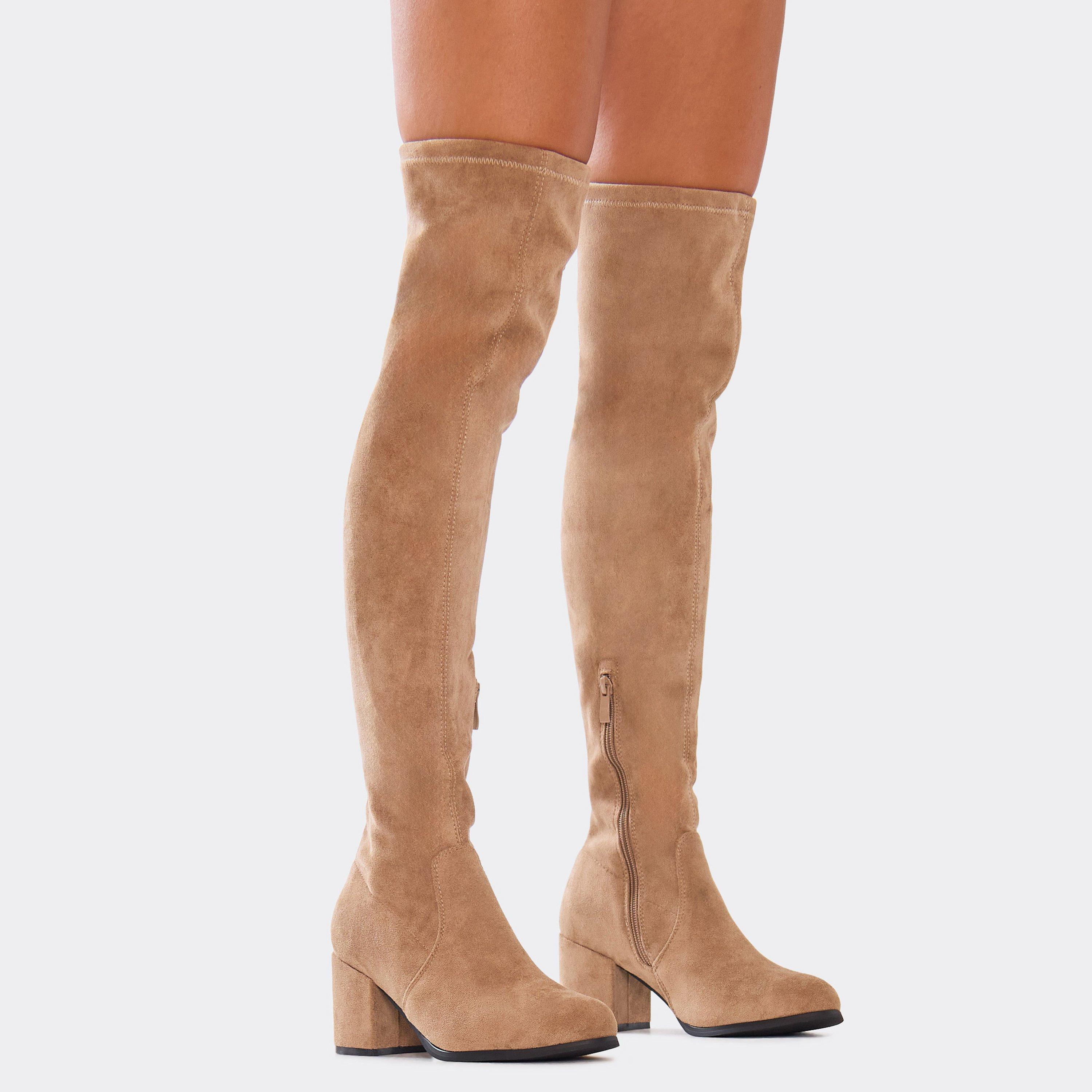 Berg Tie Back Detail Block Heel Over The Knee Thigh High Boot In Beige Faux Suede, Women's Size UK 3