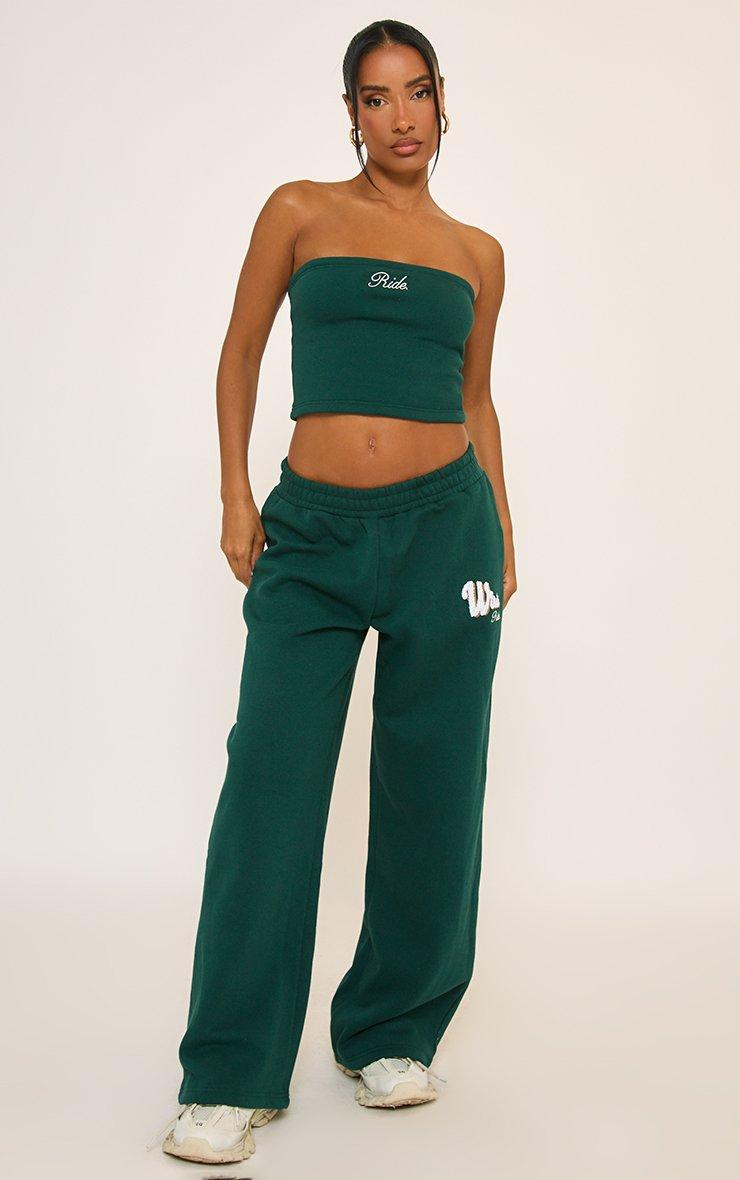 Mid Rise Embroidered Graphic Detail Straight Leg Jogger In Green