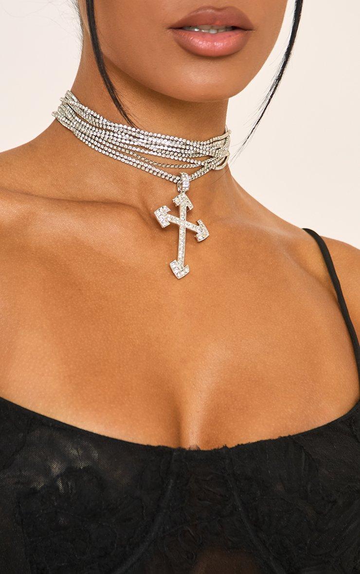 Diamante Crucifix Detail Multi Strap Choker Necklace In Silver