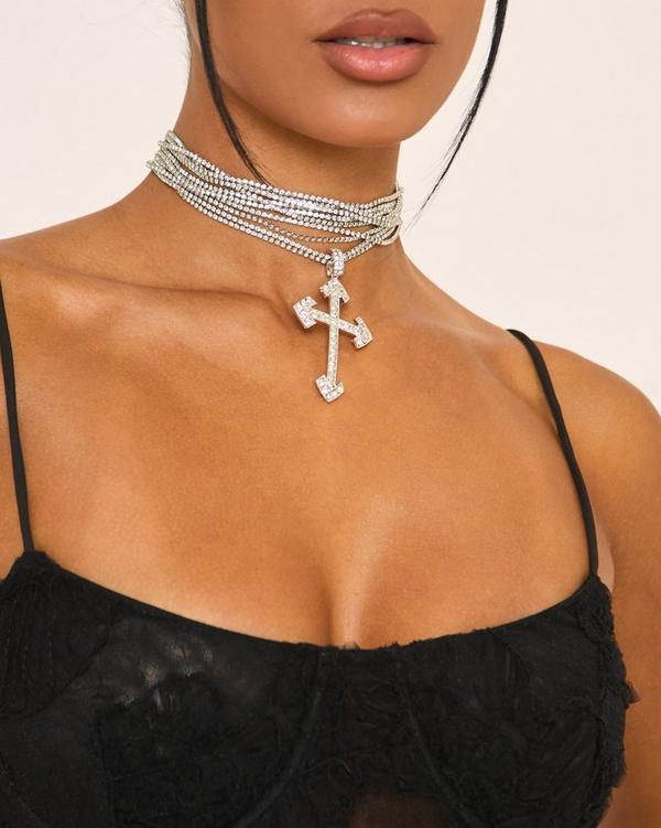 Diamante Crucifix Detail Multi Strap Choker Necklace In Silver