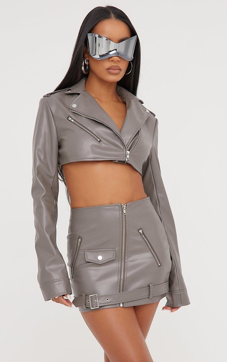 Zip Detail Cropped Biker Jacket In Grey Faux Leather | EGO US | EGO