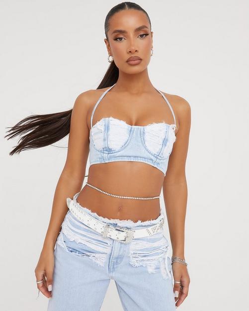 Talk of the Town Denim Corset Crop Top - Medium Wash - H&O