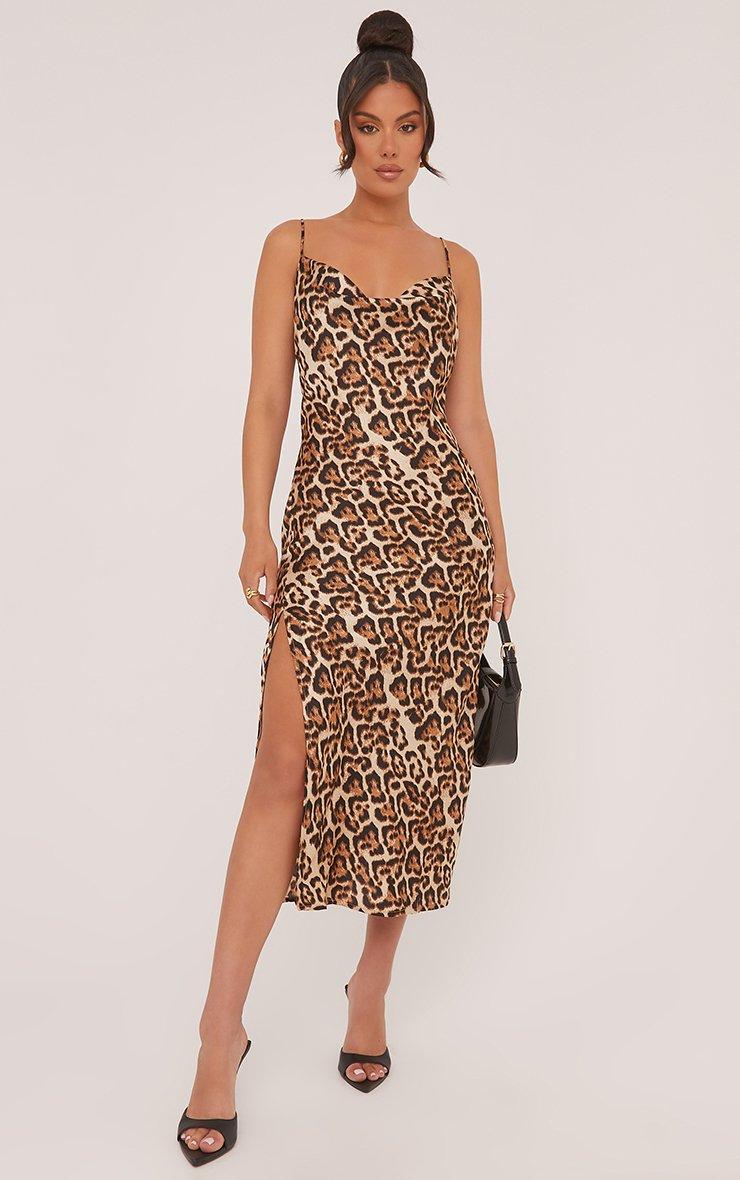 Strappy Cowl Neck Split Leg Midi Dress In Brown Leopard Print Satin | EGO  EU | EGO