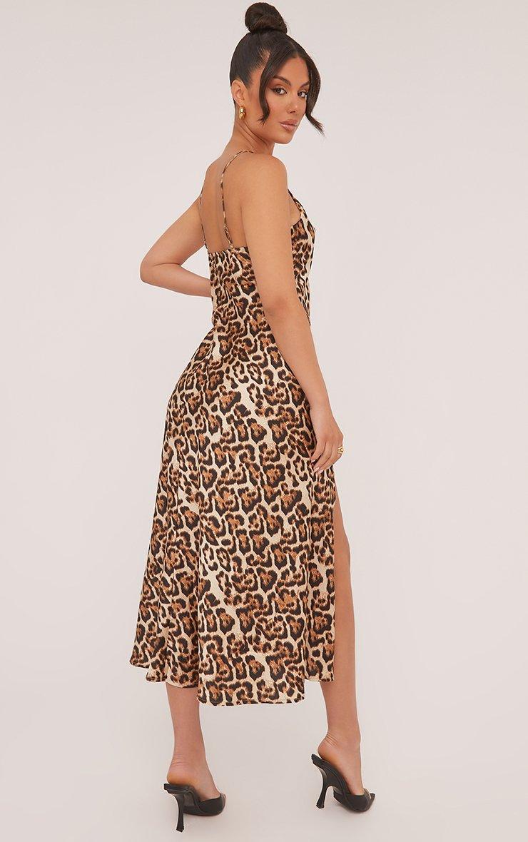 Strappy Cowl Neck Split Leg Midi Dress In Brown Leopard Print Satin | EGO  EU | EGO