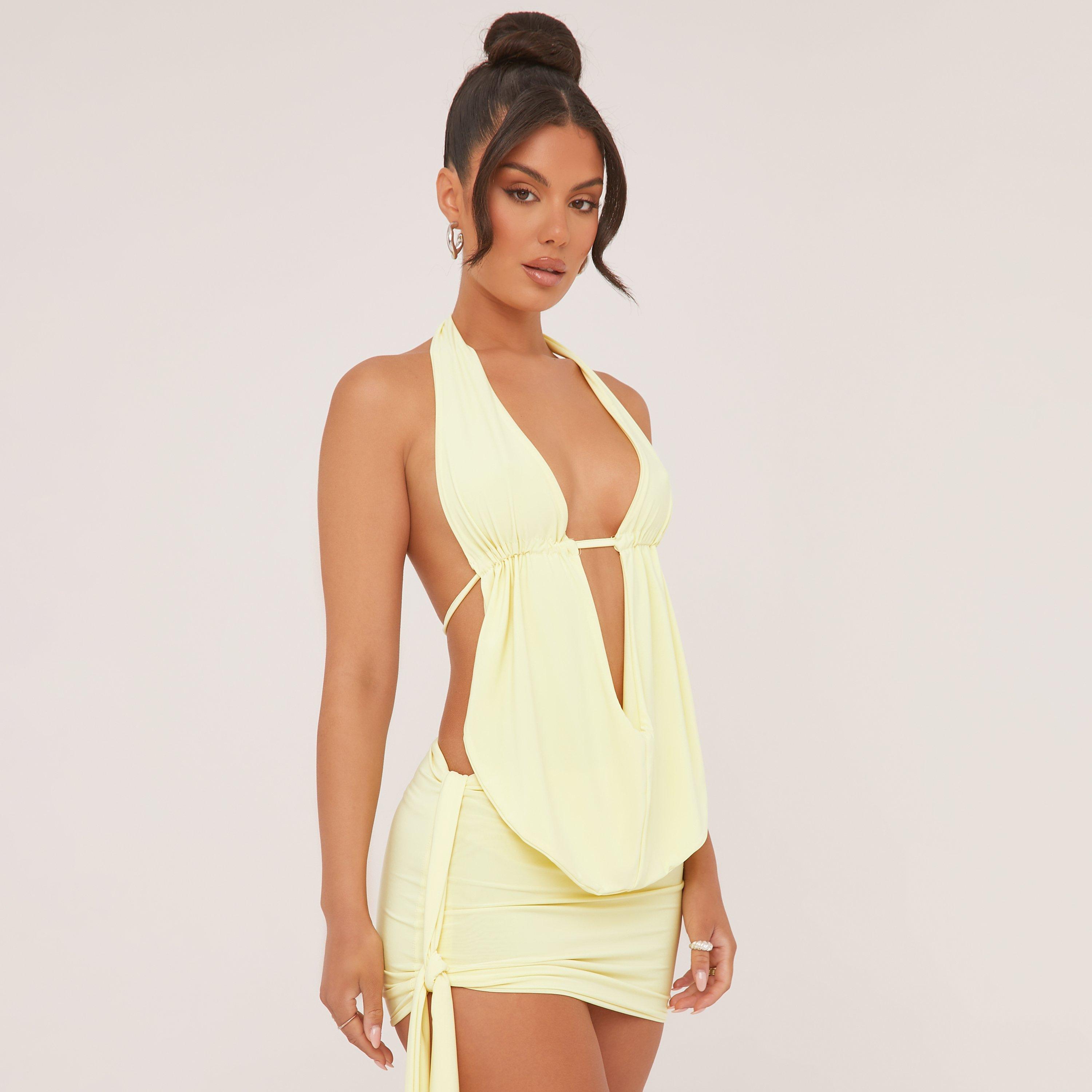 Extreme Cowl Halterneck Open Back Top And Drape Detail Micro Mini Skirt Co-Ord Set In Pastel Yellow Slinky, Women's Size UK 16