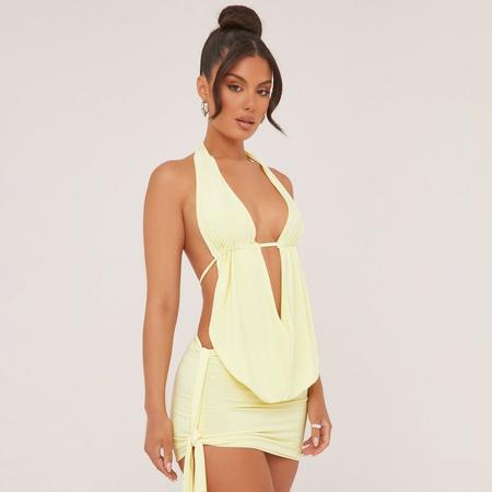 Extreme Cowl Halterneck Open Back Top And Drape Detail Micro Mini Skirt Co-Ord Set In Pastel Yellow Slinky, Women's Size US