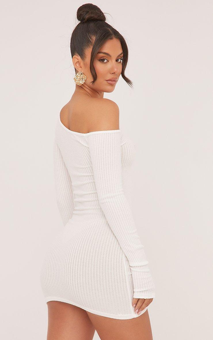 Asymmetric Long Sleeve Mini Bodycon Dress In Cream Rib | EGO EU | EGO