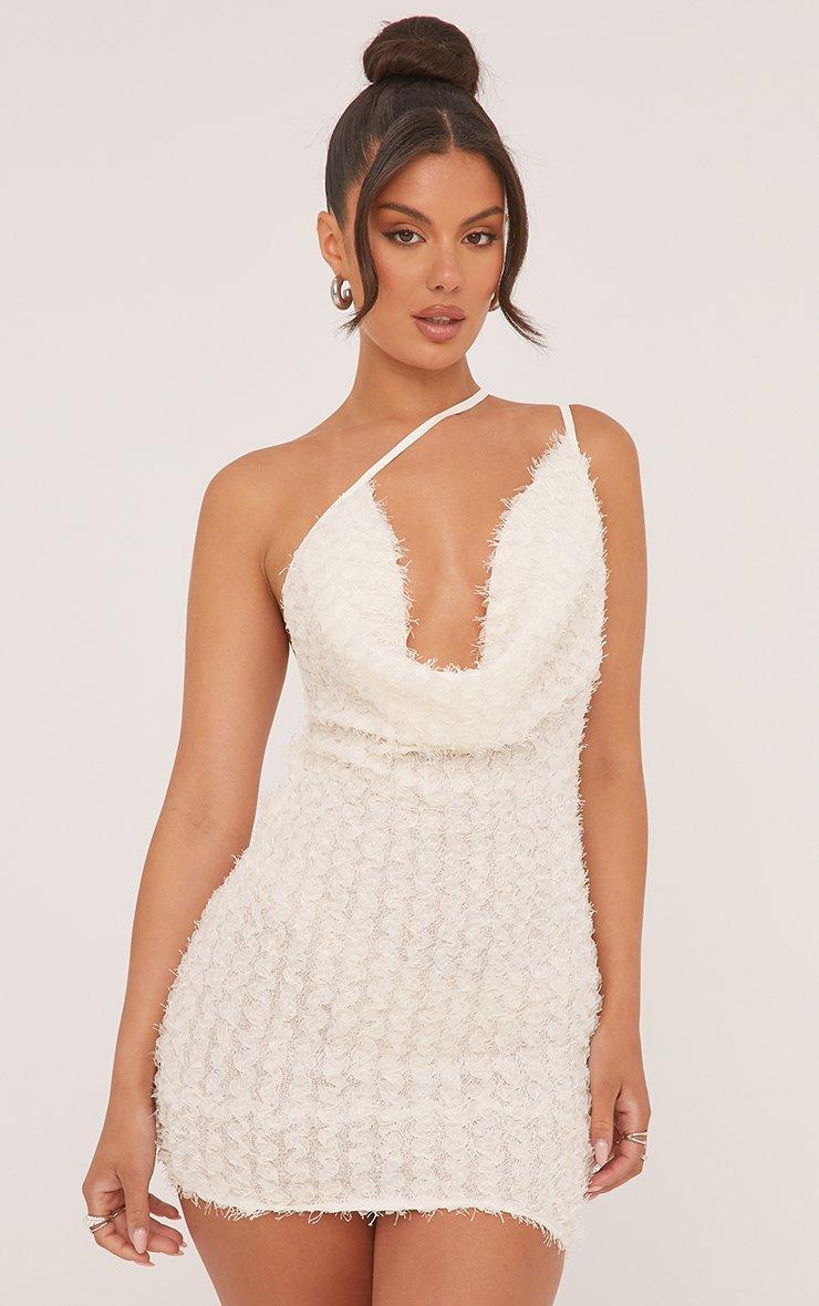 Strappy One Shoulder Cowl Neck Open Back Mini Dress In Cream Texture | EGO  US | EGO