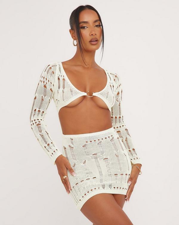 Cream Laddering Knit Long Sleeve Crop Top