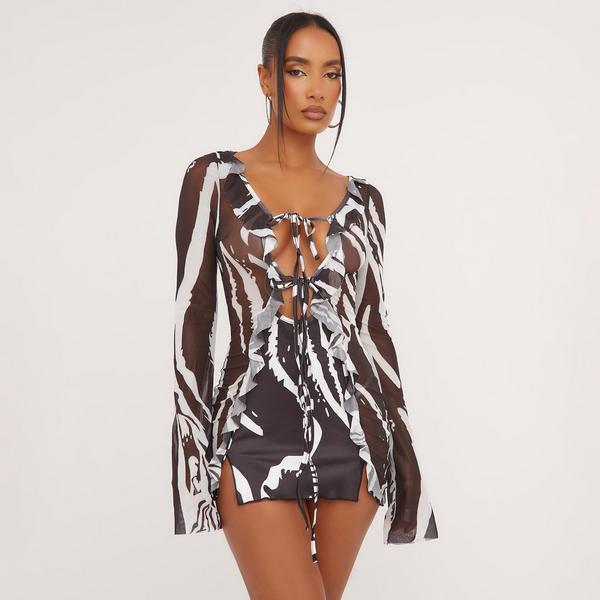 Long Sleeve Frill Tie Detail Plunge Mini Dress In Zebra Print Mesh | EGO