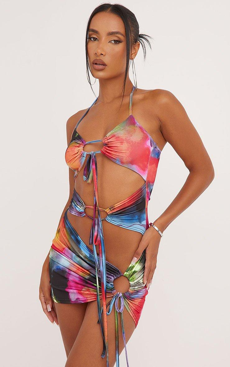 Strappy Tie Detail Cut Out Mini Bodycon Dress In Multi Printed Slinky | EGO  US | EGO