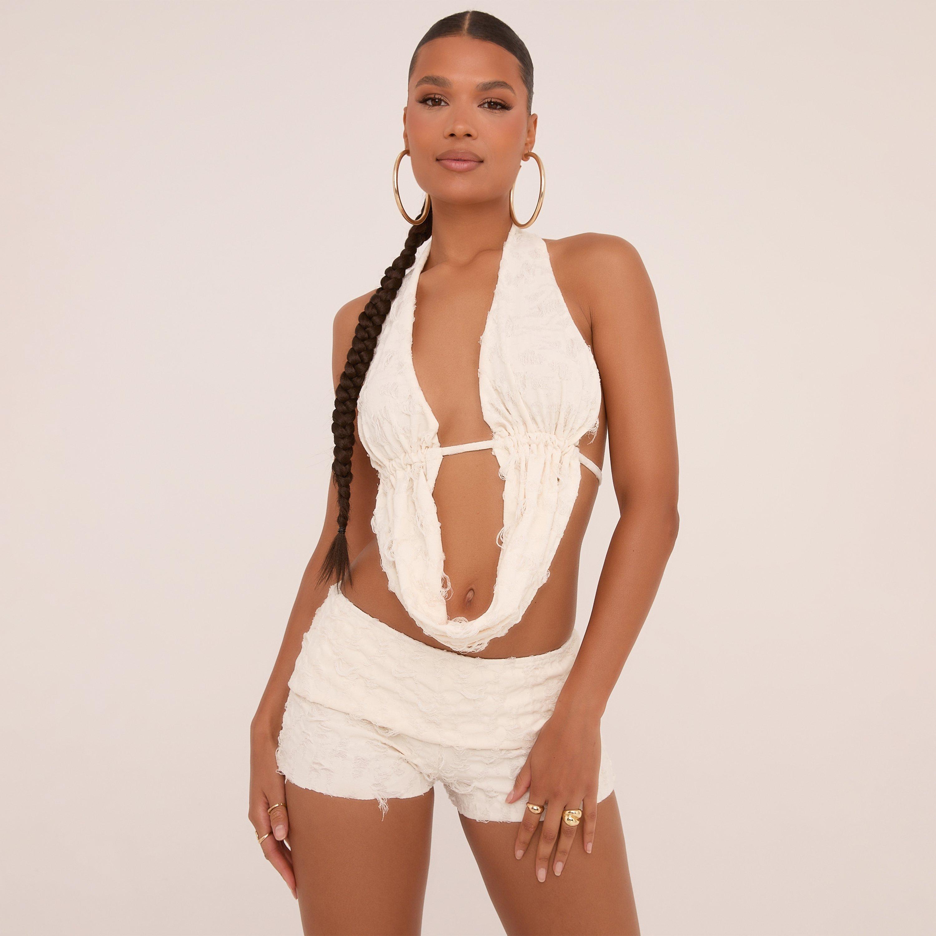 Extreme Cowl Neck Distressed Top In Cream Texture, Women's Size UK 10