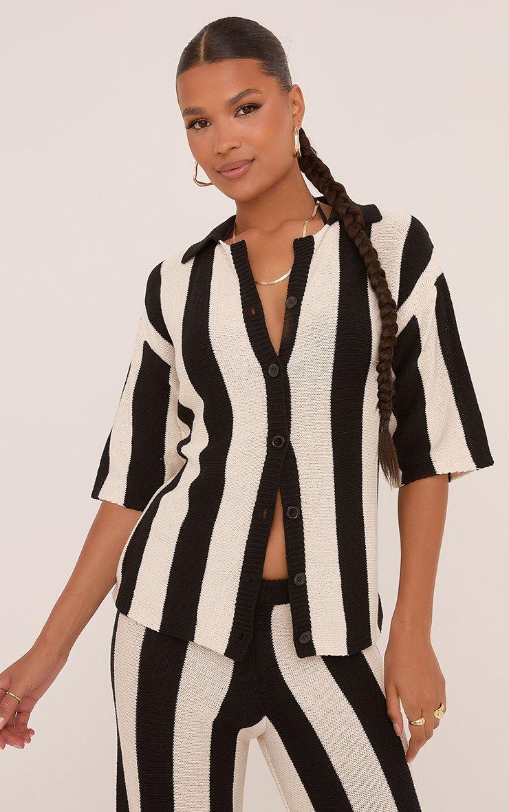Short Sleeve Button Up Shirt In Black Contrast Stripe Crochet Knit