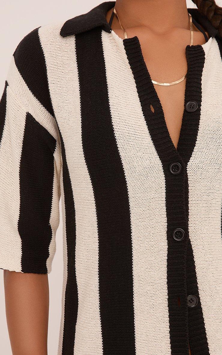 Short Sleeve Button Up Shirt In Black Contrast Stripe Crochet Knit