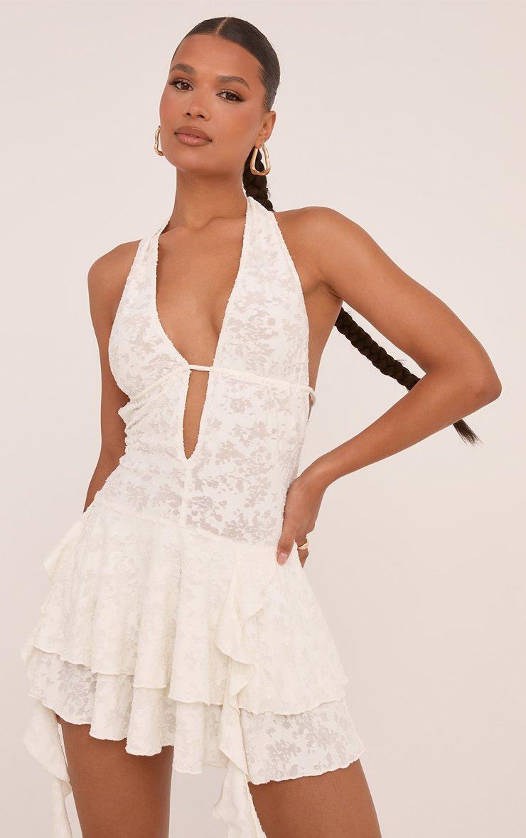 Plunge Halterneck Open Back Frill Hem Mini Dress In Cream Texture | EGO US  | EGO