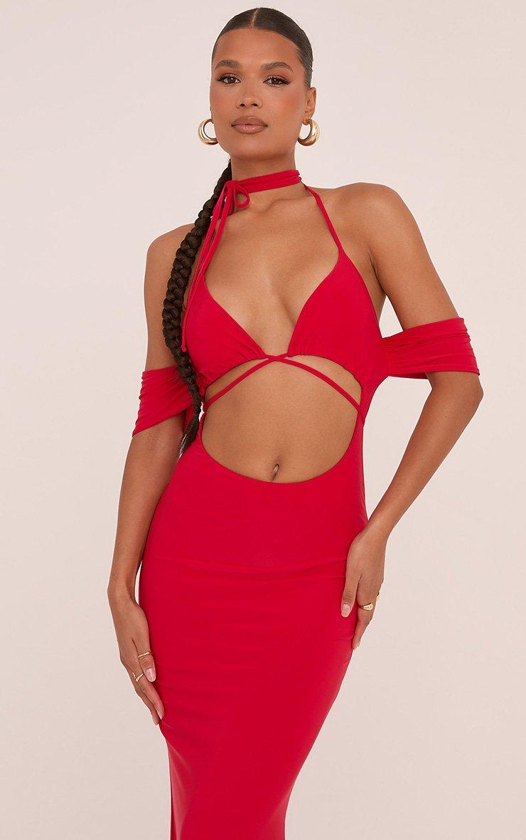 fitted lace wedding dress Rossi Ruffled Off The Shoulder Bodycon Dress Red– Selfie Leslie main image 0