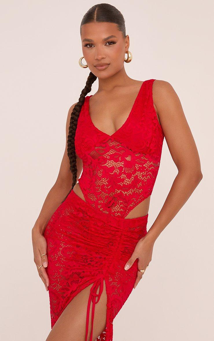 Plunge Neck Bodysuit In Red Lace | EGO EU | EGO