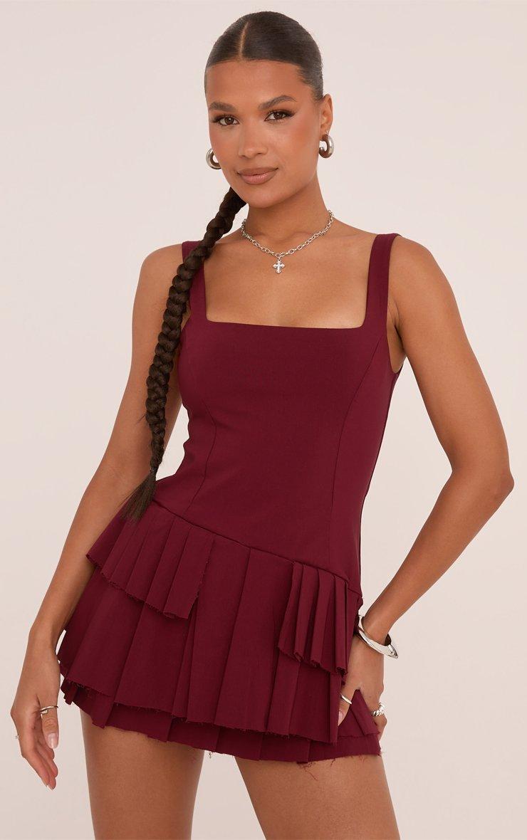 Square Neck Pleated Hem Mini Dress In Burgundy Woven | EGO Shoes Square Neck Pleated Hem Mini Dress In Burgundy Woven | EGO Shoes