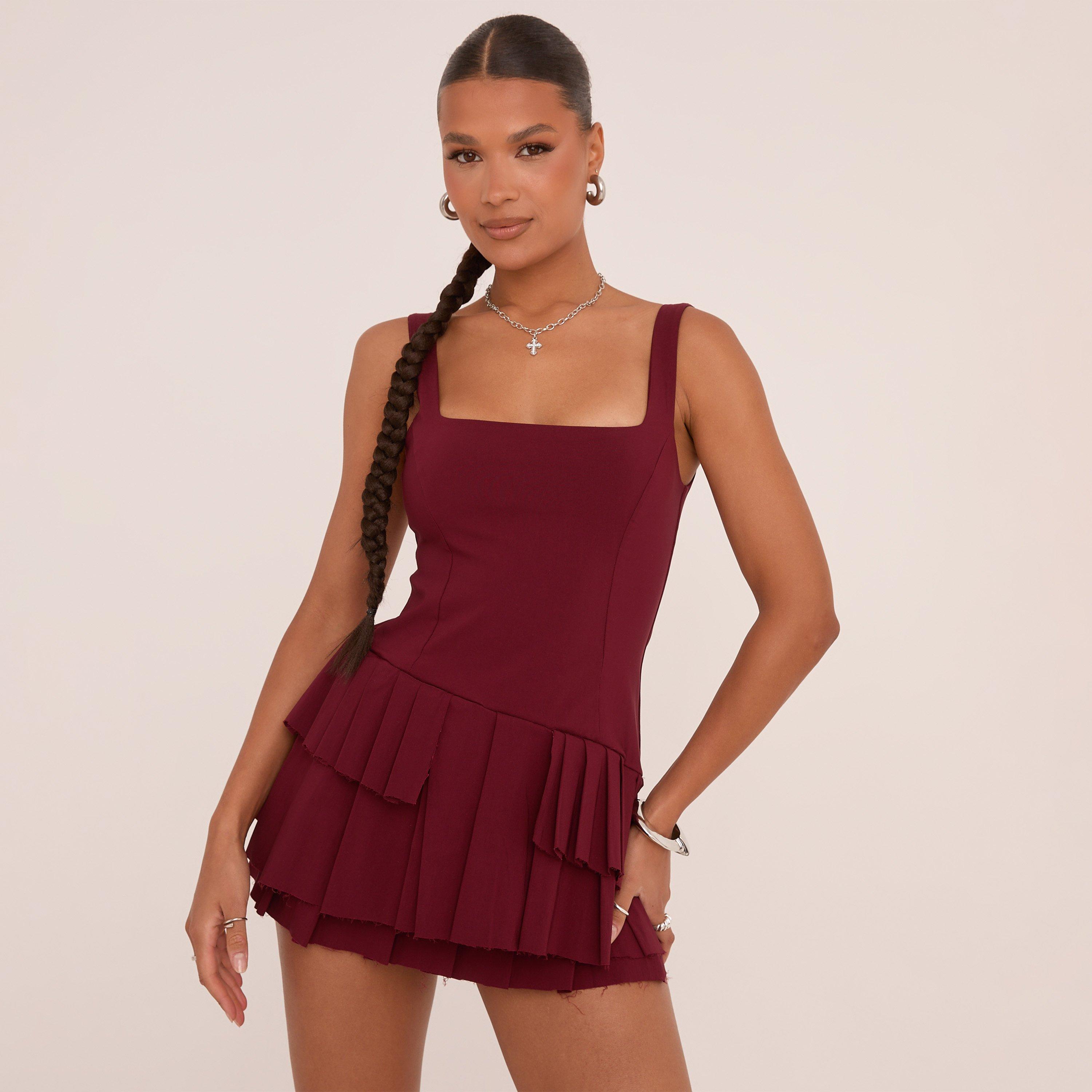 Square Neck Pleated Hem Mini Dress In Burgundy Woven, Women’s