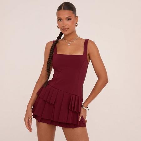 Square Neck Pleated Hem Mini Dress In Burgundy Woven, Women's Size US