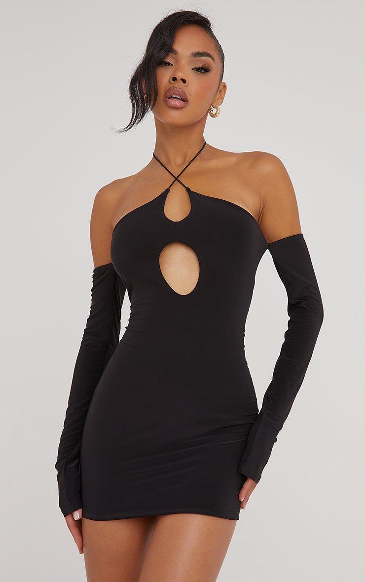 black satin halterneck wrap bodycon dress Rinna Satin Halter Maxi Dress - Black