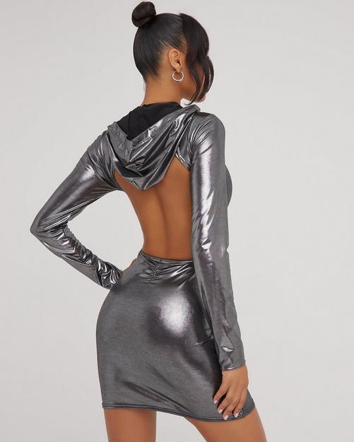 Blue Metallic Knitted Backless Mini Dress With Front Keyhole Detail