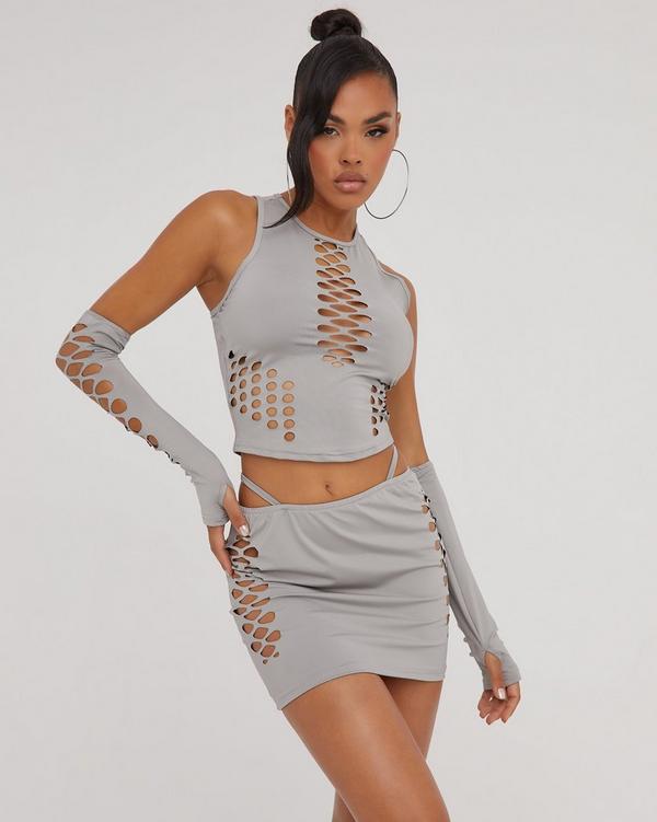 Ruched Detail Asymmetric Crop Top And Low Rise Foldover Waistband Maxi  Skirt Co-Ord Set In Beige