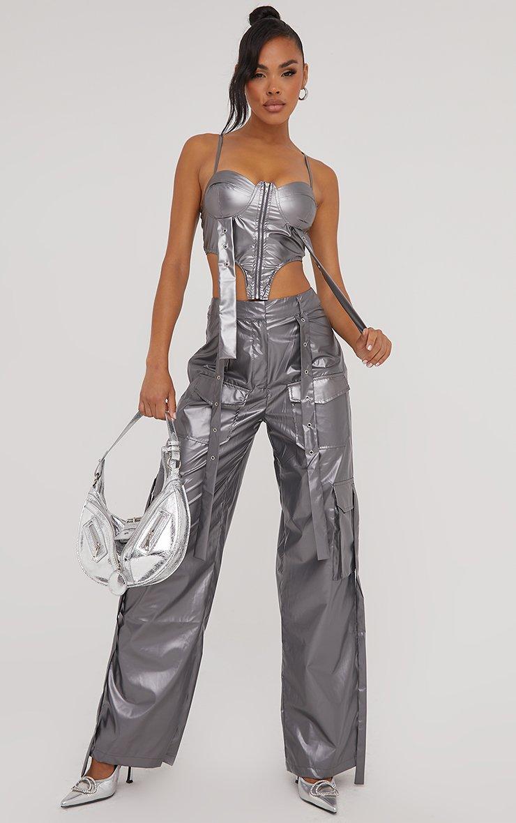 Strappy Zip Front Strap Detail Dipped Hem Corset Top In Silver