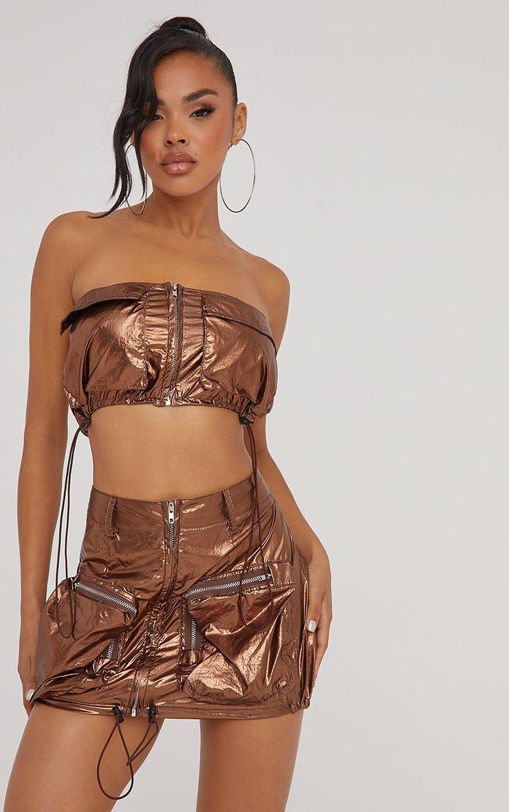 High Waist Pocket Zip Front Detail Mini Skirt In Bronze Metallic