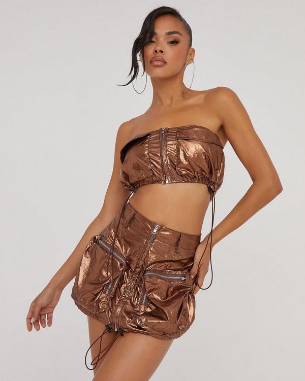 Bandeau Pocket Zip Front Detail Crop Top In Bronze Metallic