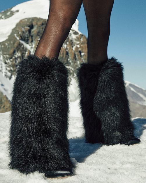 JILLIAN POINTED TOE STILETTO HEEL MID CALF BOOT IN BLACK SHAGGY FAUX FUR