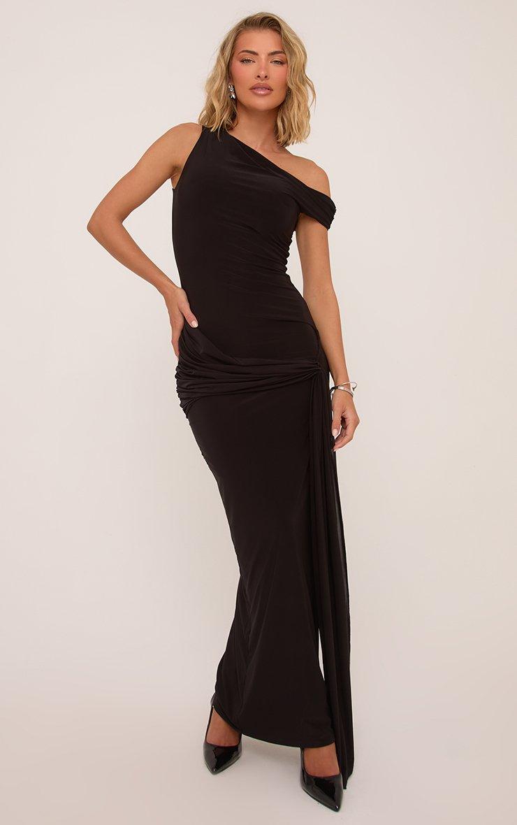 asymmetric dress one shoulder One-Shoulder Maxi with Twist Detail Dark Navy / S Made in structured Tallis One-Shoulder Asymmetric Neckline Dress