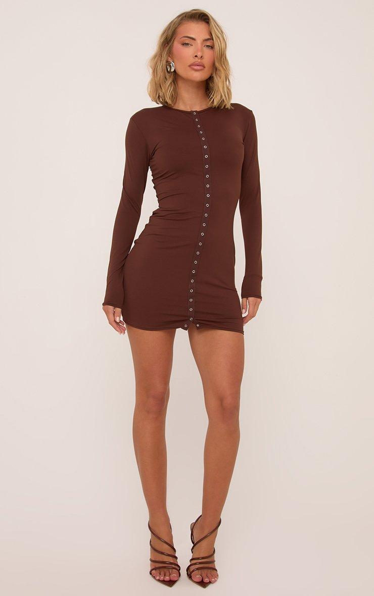 Long Sleeve Popper Front Mini Bodycon Dress In Chocolate Brown | EGO US |  EGO