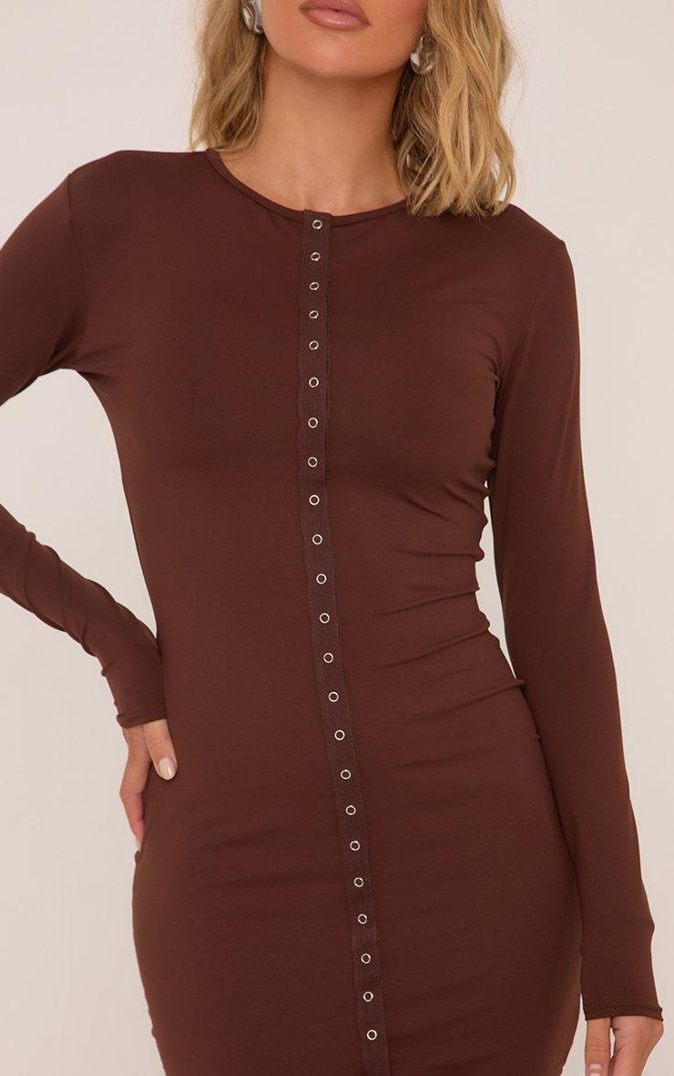 Long Sleeve Popper Front Mini Bodycon Dress In Chocolate Brown | EGO US |  EGO