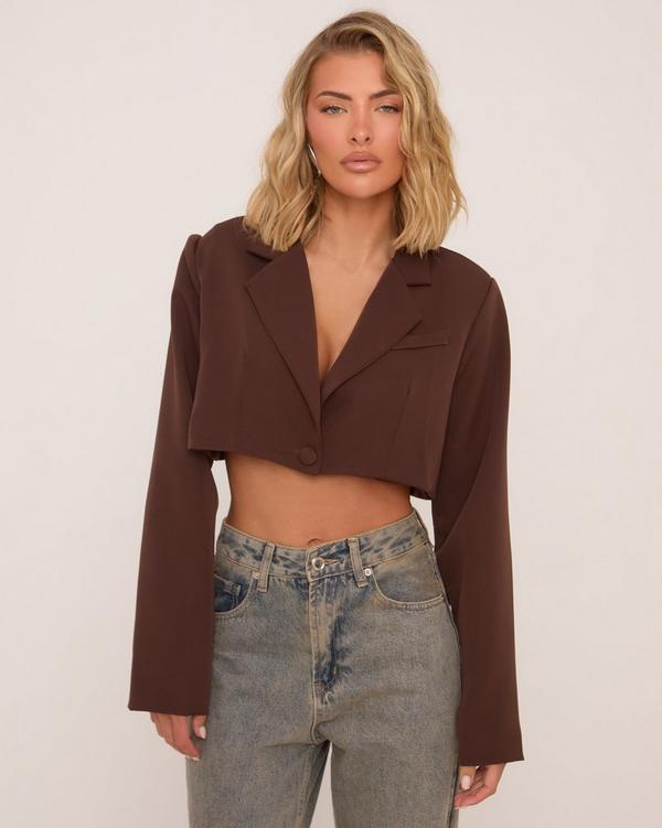 Long Sleeve Oversized Cropped Blazer In Chocolate Brown