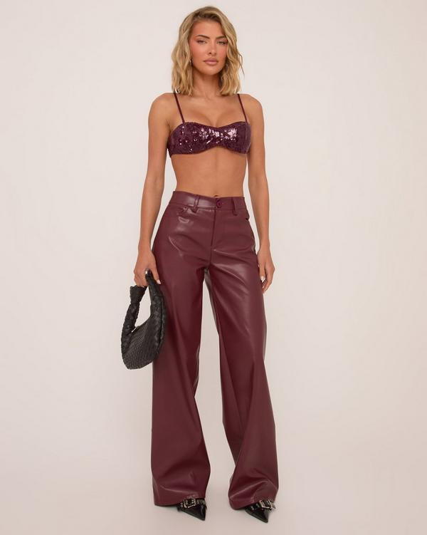 High Waist Straight Leg Trousers In Burgundy Faux Leather