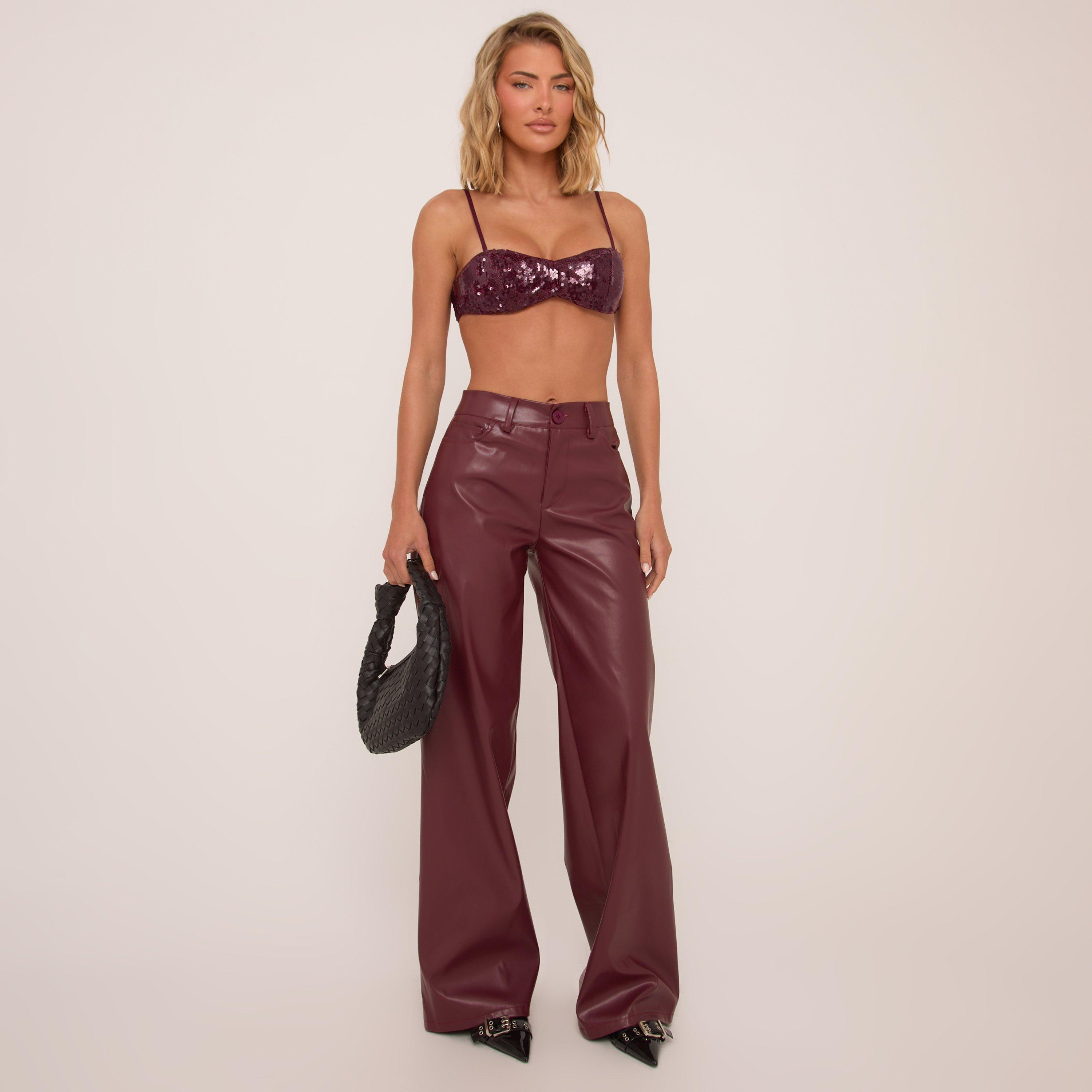 Image of High Waist Straight Leg Trousers In Burgundy Faux Leather, Women's