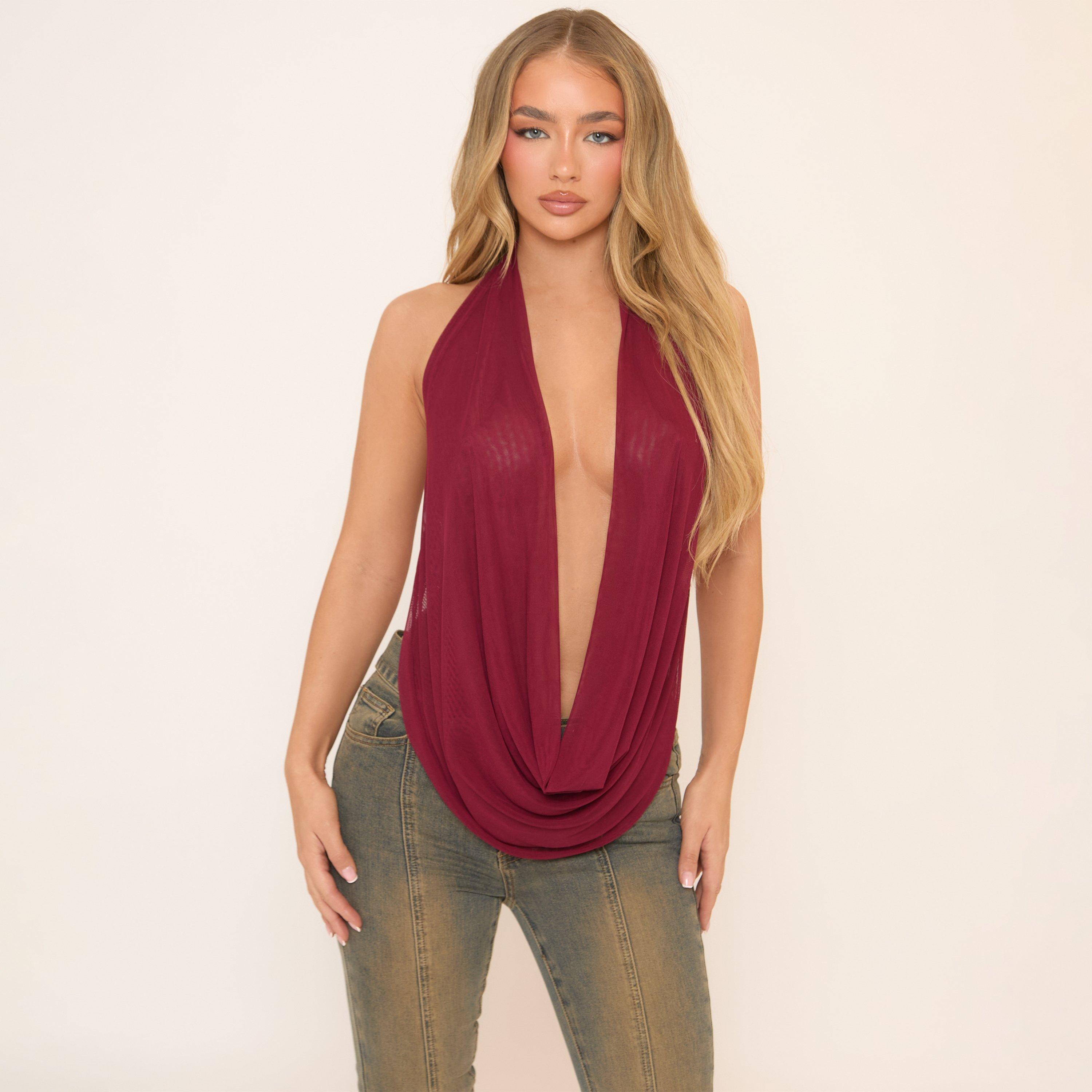 Image of Extreme Cowl Halterneck Top In Burgundy Mesh, Women's