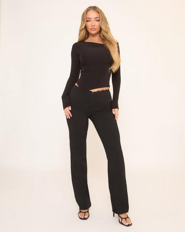 Dipped Waist Lace Trim Straight Leg Trousers In Black