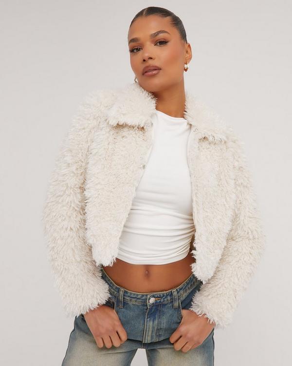 Cropped white faux hot sale fur jacket