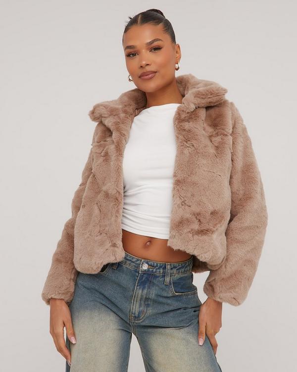 Taupe faux outlet fur coat