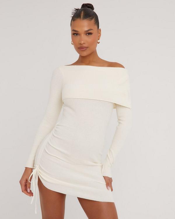 Ruched bardot hotsell knitted dress