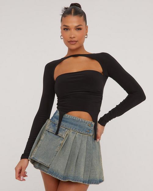 Double Layer Mesh Long Sleeve Suspender Detail Crop Top In Black