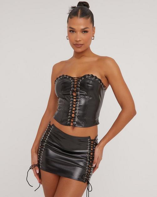 New Look faux leather corset crop top in black