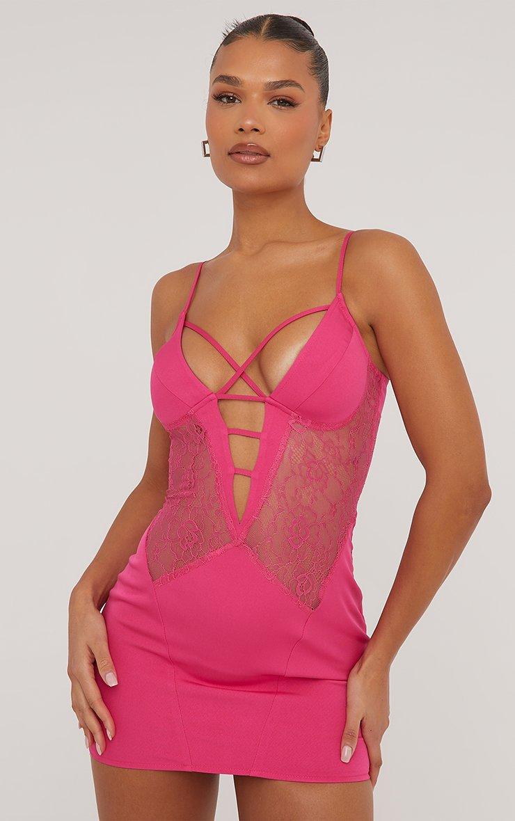 Strappy Underwired Lace Insert Detail Mini Bodycon Dress In Hot Pink | EGO  US | EGO